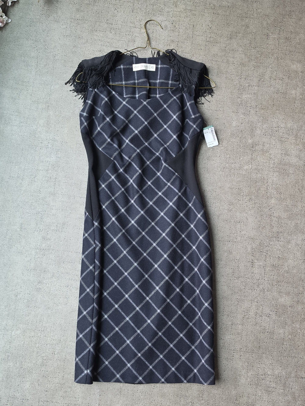 EVE GRAVEL Black & Gray Plaid Fringe-Shoulder Midi Dress
